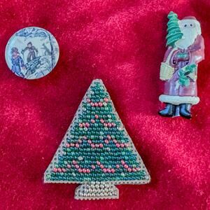 Collection of 3 Vintage Christmas Themed Pins Brooch Beaded Tree Santa Children